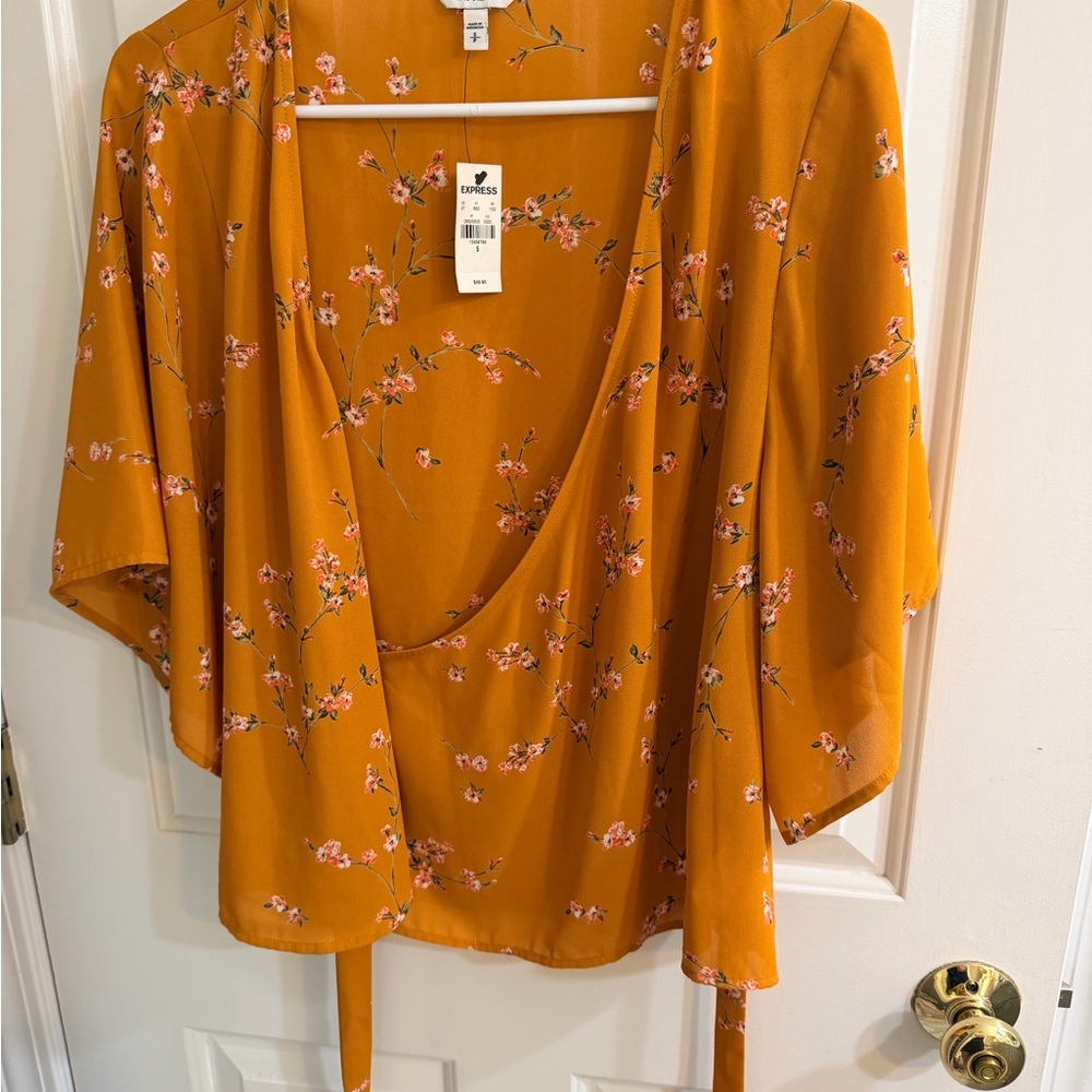 Express Mustard Floral Tie-Front Kimono